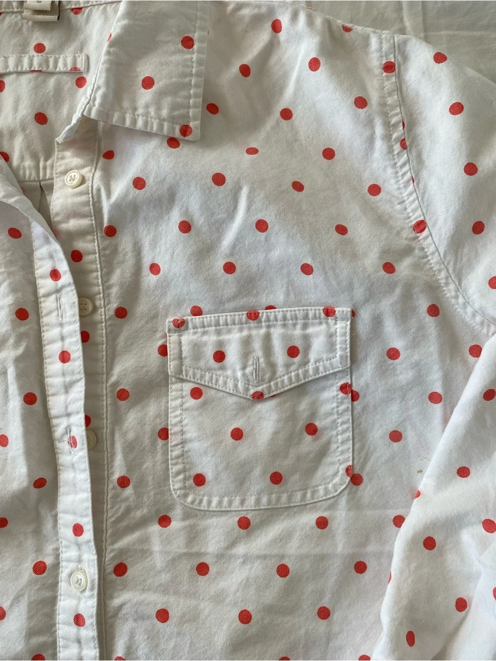 J. Crew White Button-Down Shirt with Coral Polka Dots